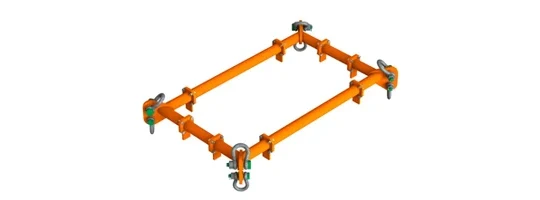 Rectangular orange steel lifting equipment frame with four corner lifting eyes and clamps, shown on a white background.