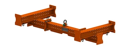 Orange steel adjustable lifting beam with multiple holes, central lifting point, and reinforced ends, this robust piece of lifting equipment is designed for heavy-duty industrial use.