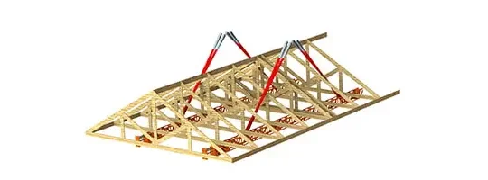 3D model of a wooden roof truss structure with red diagonal bracing supports attached to the trusses.