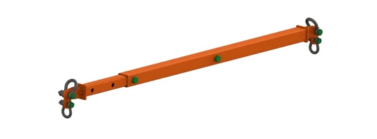 An orange adjustable steel lifting beam with end lifting eyes and green locking pins, used for material handling or lifting operations.