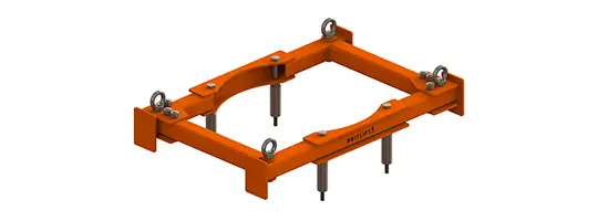 Orange rectangular metal lifting frame with eye bolts and four adjustable support legs, designed as durable lifting equipment for industrial or construction use.
