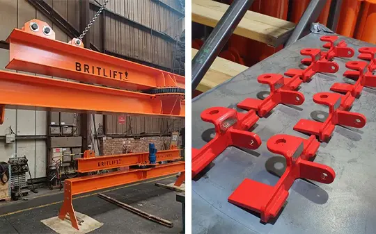 Two images: on the left, an orange industrial lifting beam labelled "BRITLIFT" hangs in a warehouse; on the right, several red metal lifting brackets—part of bespoke lifting equipment—are arranged on a work surface.